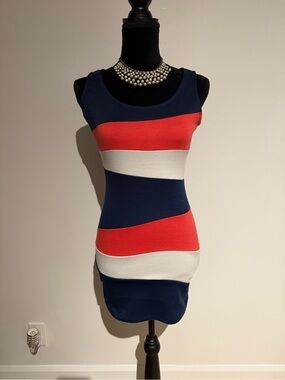 Sleeveless Navy, Red & White Striped Mini Dress